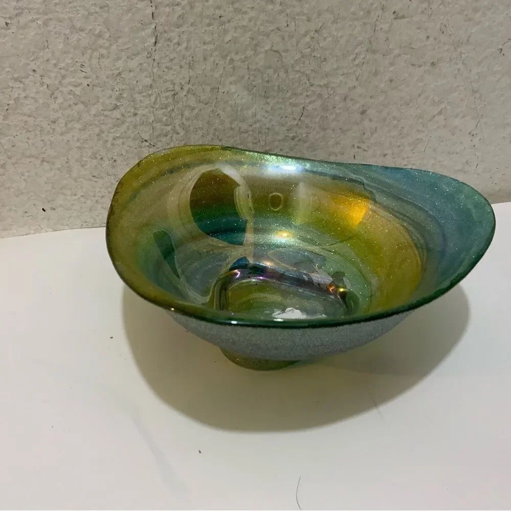 Art Glass Multicolored and Silver Swirl Bowl Triangular  8" x 3" Italy made G17